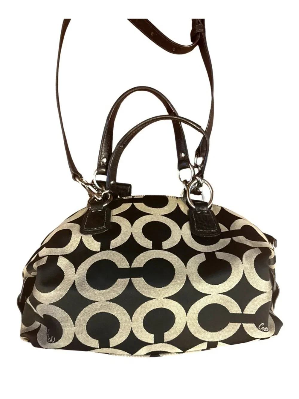 Coach Kristin 19329 Op Art Sateen Domed Satchel Black Cream Shoulder Bag Y2K
